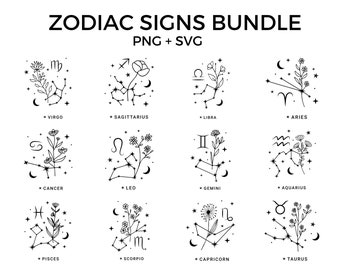 Zodiac Bundle SVG, Zodiac SVG Designs, Horoscope PNG Bundle, Astrological Signs, Astrology Bundle, Celestial Star Sign