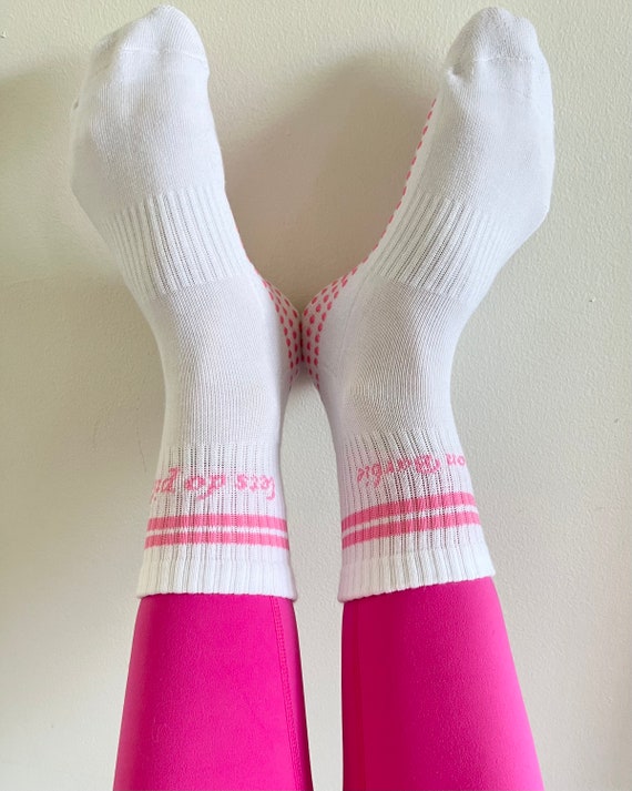 Come on Barbie Lets Do Pilates, Pink and White Midi Crew Pilates Grip Socks.  Cute Pilates Grip Socks. Fun Grip Socks 