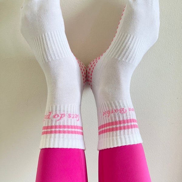 Come on Barbie lets do pilates, Pink and white midi crew Pilates grip socks. Cute pilates grip socks. Fun grip socks!