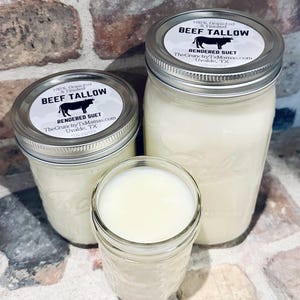 100% Premium Organic Grass Fed & Finished Rendered Suet Beef Tallow  - Non-GMO - Antibiotic Free - Suet Sourced in USA - Glass Jar