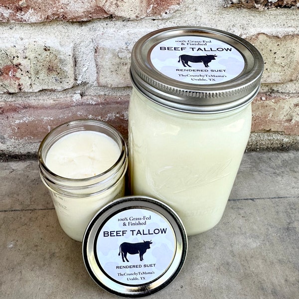 100% Premium Grass Fed & Finished Rendered Suet Beef Tallow  - Non-GMO - Antibiotic Free - Suet Sourced in USA - Glass Jar Mothers Day Gift