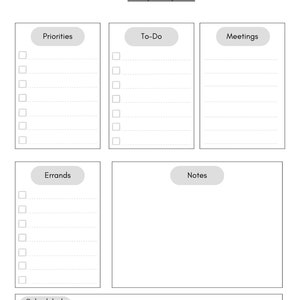 May include: A printable remote working planner with sections for priorities, to-do list, meetings, errands, notes, scheduled breaks, and after work commitments. The planner includes a date field and days of the week from Monday to Friday.