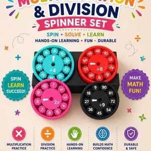 Peut inclure: Un ensemble de toupies de multiplication et de division comprenant quatre outils circulaires en plastique bleu sarcelle, rouge, rose et noir. Chaque toupie affiche des chiffres et des symboles mathématiques. Le texte indique Multiplication & Division Spinner Set, Spin Solve Learn, Hands-on Learning Fun Durable, Spin Learn Succeed, Make Math Fun.