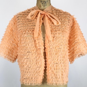 1960 Vintage Orange Nylon Rüschen Bolero, Orange Boudoir Jacke, Vintage Bett Jacke, Negligee, Pin Up