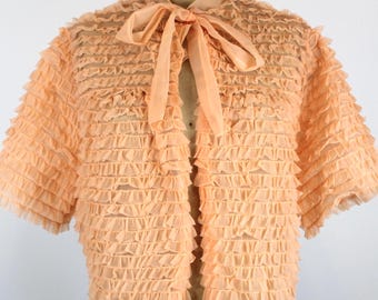 1960's Vintage Orange Nylon Ruffle Bolero, Orange Boudoir Jacket, Vintage Bed Jacket, Negligee, Pin Up
