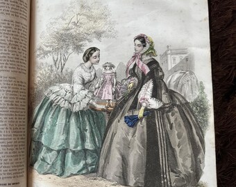 1857 Antique "Journal des demoiselles"  Bound Book of Illustrated Magazine with Fashion Plates and Patterns