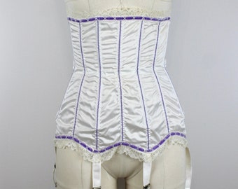 1950's Vintage White Girdle with Purple Trim, Vintage Waspie, Suspender Belt, Waist Cincher, Boudoir Lingerie Garters