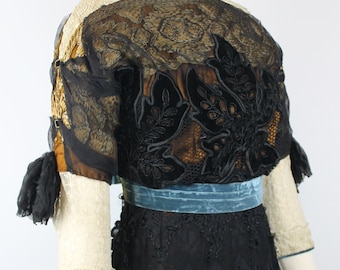 1910s Black Lace Antique Gown by M-mes Vernier-Mistral, Maple Leaf Evening Dress, Titanic Era  Mechanical Lace Gown, Edwardian Evening Gown