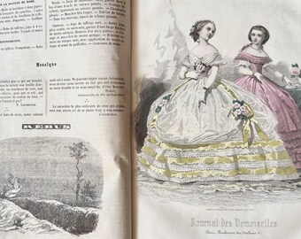 1860 Antique "Journal des demoiselles"  Bound Book of Illustrated Magazine with Fashion Plates and Patterns