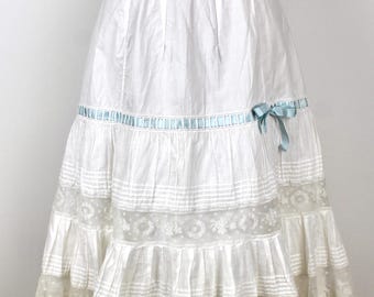 Antique Lace Petticoat with Ribbon, Cotton Petticoat, Lace Trim Victorian/Edwardian Underskirt, Vintage Cotton Lace Insert Skirt