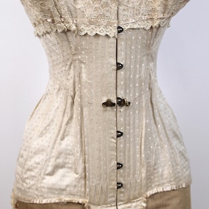 1900年代のアンティークベージュコルセット、レース付きエドワード朝コルセット、19世紀のビクトリア朝ヴィンテージコルセット