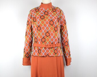 1970s Vintage "Facchini Iris" Day Ensemble, Skirt and Blouse Set, 1960s Beaded Dress, 60s Couture, Orange 60s
