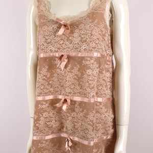 1960&#39;s Vintage Peach Colour Lace Nylon Nightgown with Bows , Vintage Boudoir Babydoll, Vintage Nightie, Negligee