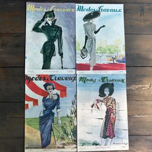 Lotto di 4 riviste di moda vintage &quot;Modes et Travaux&quot; degli anni &#39;40 (Francia), riviste vintage, materiale effimero vintage, poster da parete Art Déco, pubblicità vintage