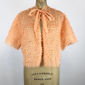 1960&#39;s Vintage Orange Nylon Ruffle Bolero, Orange Boudoir Jacket, Vintage Bed Jacket, Negligee, Pin Up
