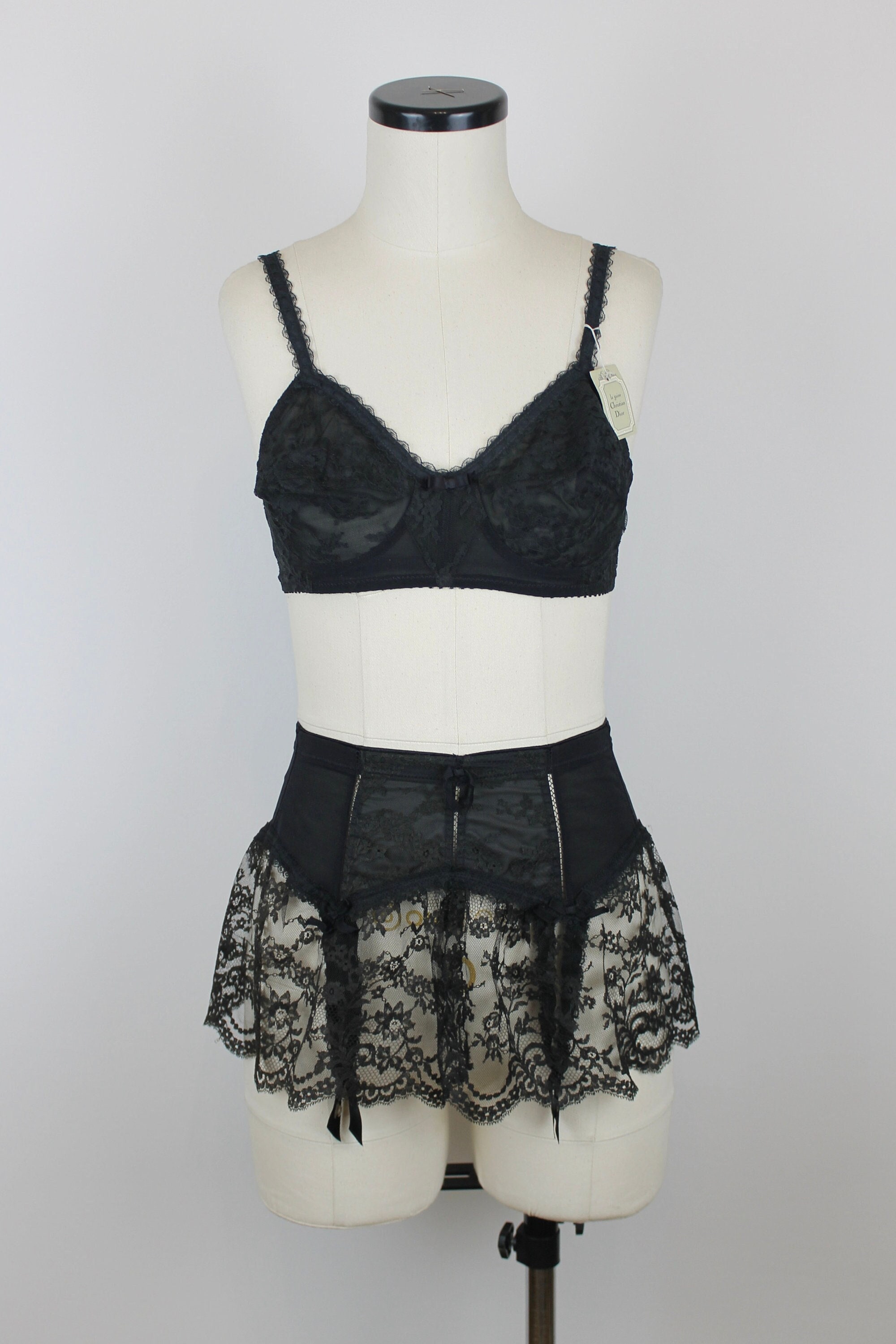 1960s Vintage Christian Dior Lingerie Set, Black Lace Bra