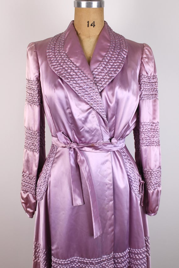 1940s Vintage Purple Satin Quilted Robe, Antique Rayon Liquid Satin Dressing gown, Hollywood Boudoir Gown, Step in, Negligee