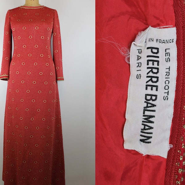 PIERRE BALMAIN 1960s-1970s Vintage Dress, Les Tricots Pierre Balmain Lurex Ankle Length Dress, Gold n Red Evening Gown