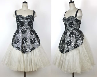 RARE 1950s Vintage MINGOLINI GUGENHEIM Haute Couture Dress, Vintage Italian Haute Couture Evening Dress, Black Beads and white tulle dress