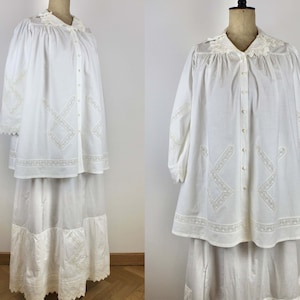 1900s Antique Lingerie Set, Cotton Petticoat and Shirt, Lace Trim Victorian/Edwardian Underskirt, Vintage Cotton Lace Insert Skirt