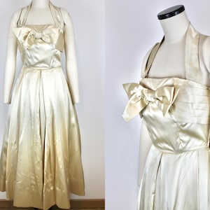 1950s Vintage Off White Pleated Silk Dress, Beaded Evening Dress, Embroidered Evening Gown