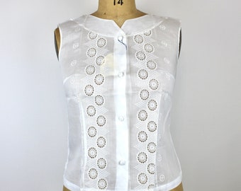 1950s Vintage Deadstock White Blouse "Pervenche", Popeline Cotton Fabric Top, 50s shirt