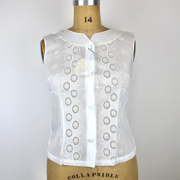 1950s Vintage Deadstock White Blouse "Pervenche", Popeline Cotton Fabric Top, 50s shirt