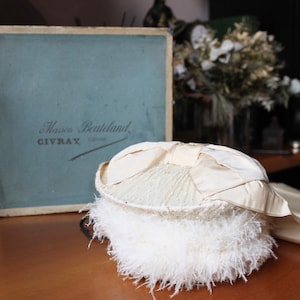 Antique Wedding Hat with Ribbons, Box included, 1800s Vintage Hat with Feathers, Antique Wedding Bonnet