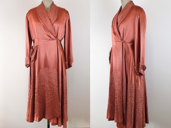 1950s Vintage Red Satin Quilted Robe, Antique Ray… - image 1