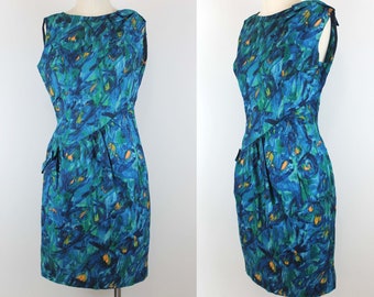 1960s Vintage Blue Abstract Print Dress, Vintage Blue Floral Dress, 60s Day Dress
