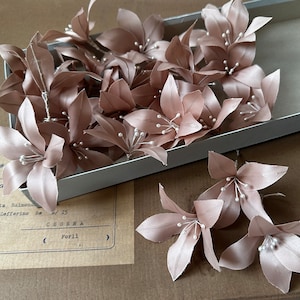 Lot of 5 Millinery Flowers, Pink /Blue or Brown Lillys for Weddings Hats Crafts Scrapbooking Dolls, 1960s Vintage