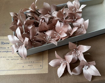 Lot of 5 Millinery Flowers, Pink /Blue or Brown Lillys for Weddings Hats Crafts Scrapbooking Dolls, 1960s Vintage