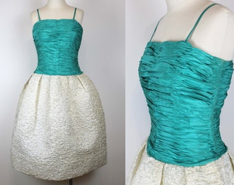 1950s Vintage "Pierre Billet" Haute Couture Little Turquoise Blue Dress, 50s Velvet Evening Dress, Vintage Prom Dress, Bianchini Fabric