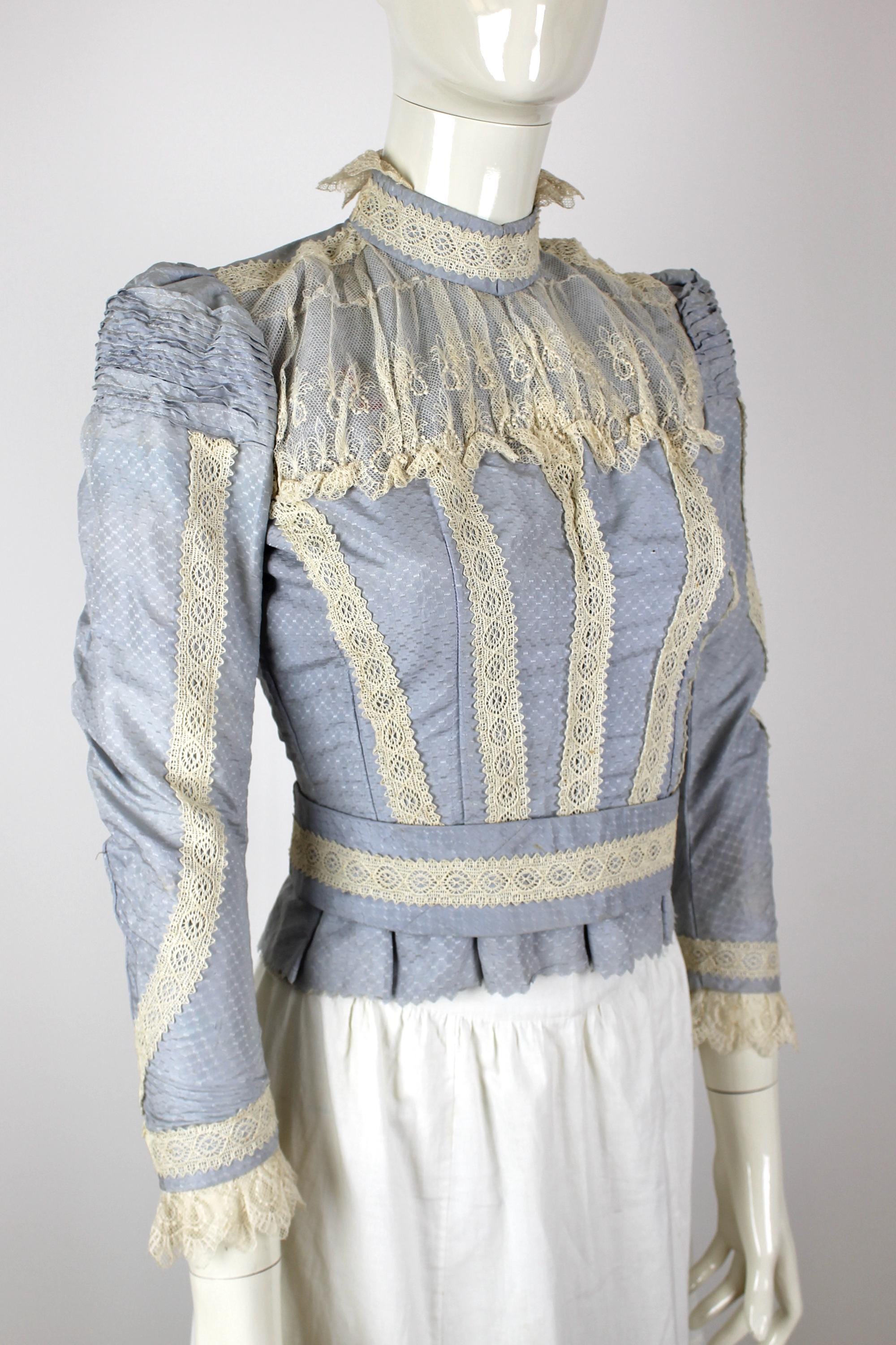 1900s Antique Grey Dress Bodice with Lace Details, Edwardian Puff Sleeve Blouse, Reenactment clothing