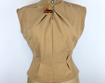 Camicetta marrone vintage Deadstock degli anni '50 "Rhonemail", Top in tessuto di velluto di nylon, camicia anni '50