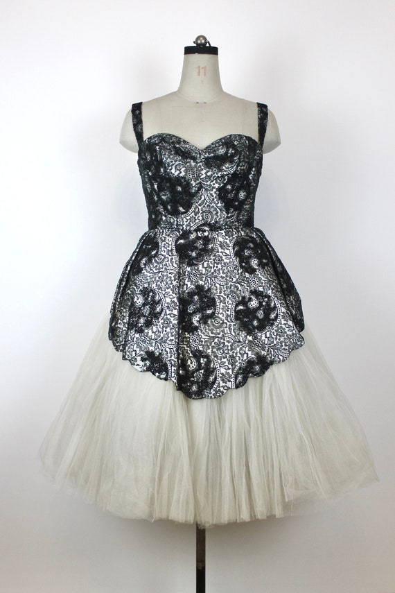 RARE 1950s Vintage MINGOLINI GUGENHEIM Haute Couture Dress, Vintage Italian  Haute Couture Evening Dress, Black Beads and white tulle dress