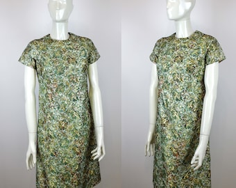1960s Vintage Jacquard Dress with a Matching Hat, Green and Gold Knee Length Dress