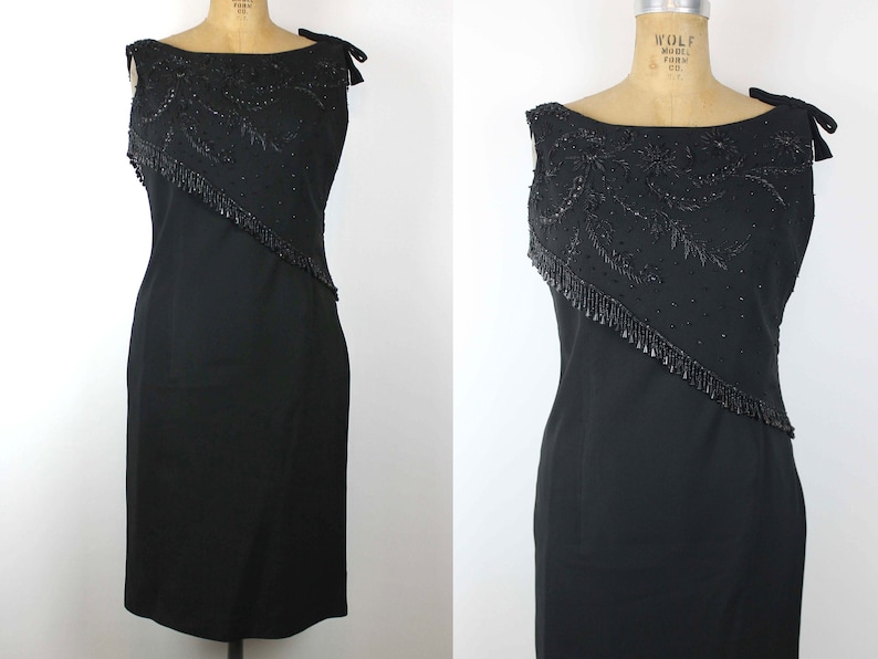 Robe noire perlée vintage des années 1960, robe de soirée des années 50, robe de soirée, robe brodée, robe rétro, LBD image 1