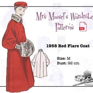 May include: A red 1958 flare coat sewing pattern for a size M bust, measuring 36 inches. The pattern includes a drawing of the coat and a woman wearing the coat. The pattern is available as a PDF download.