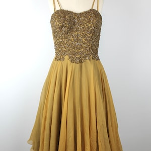 1950s Vintage Silk Chiffon Dress with Beaded Embroidery,  Embellished Evening Dress, 50s Couture, Vintage Prom Dress