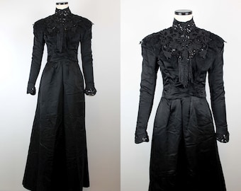 1900s black antique dress, victorian walking suit, bodice + skirt, antique puff sleeve dress, antique mourning dress