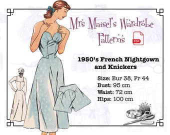 1950s Nightgown and Knickers Sewing Pattern, Vintage Sleeping Robe, Retro Pyjamas, Digital Download, Print At Home, PDF
