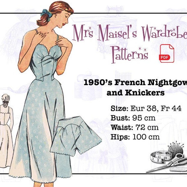 1950s Nightgown and Knickers Sewing Pattern, Vintage Sleeping Robe, Retro Pyjamas, Digital Download, Print At Home, PDF