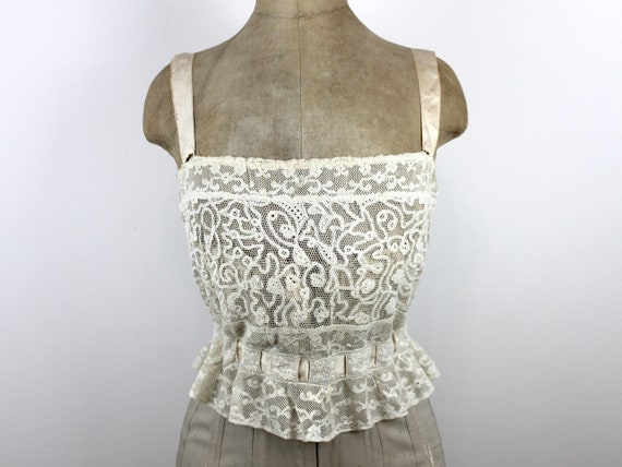 1910s Edwardian Corset Cover, Antique Camisole, Antique White Lace 