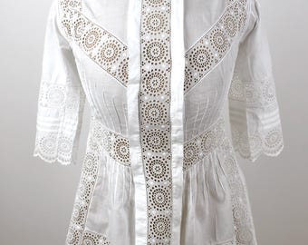 1900s Antique Cotton and Lace Matinee, Antique Lace Peignoir, Lace Trim Victorian/Edwardian Negligee, Antique Lingerie