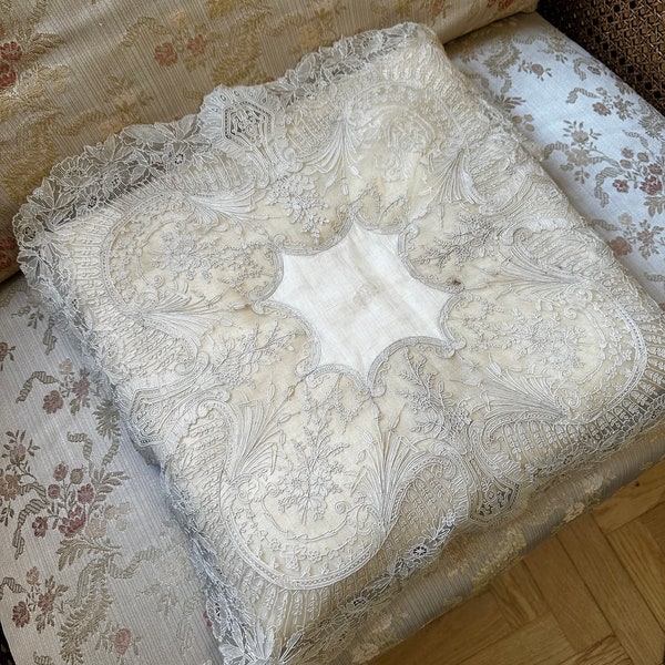 Antique Point de Gaze Lace Pillowcase, Brussels Lace Cushion Cover, Antique Lace Handkerchief