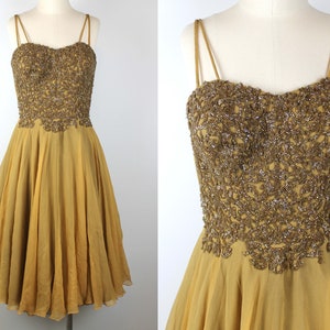 1950s Vintage Silk Chiffon Dress with Beaded Embroidery,  Embellished Evening Dress, 50s Couture, Vintage Prom Dress