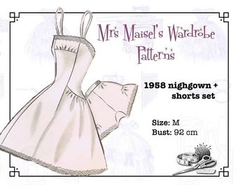 1958 Nightgown and Shorts Sewing Pattern, Vintage Sleeping Robe, Retro Pygamas, Digital Download, Print At Home, PDF