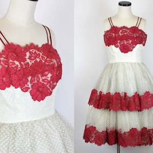 1950s Vintage ADA GRALDI Italian Haute Couture Dress, Vintage Red Lace Evening Dress, White Tulle Dress