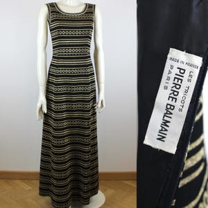 PIERRE BALMAIN 1960s-1970s Vintage Dress, Les Tricots Pierre Balmain Lurex Ankle Length Dress, Black and Gold Evening Gown